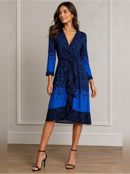 BCBGMaxAzria Dresses & Skirts - BCBGMAXAZRIA Blue Black Faux Wrap Midi Dress M Office Siren Cocktail Career